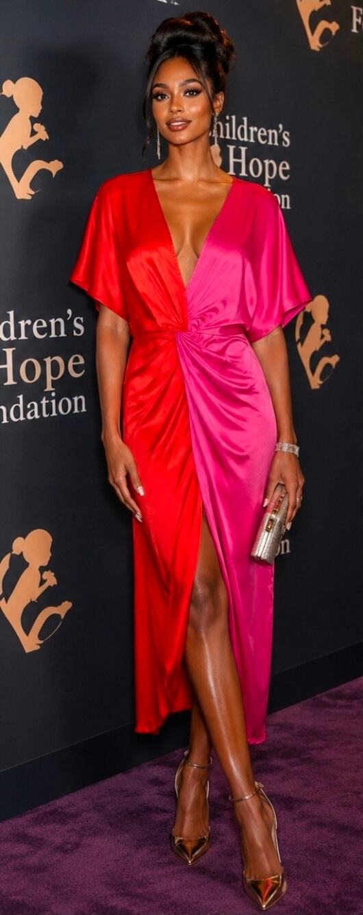 Women's Midi Twist-Front Satin Dress in Red & Pink